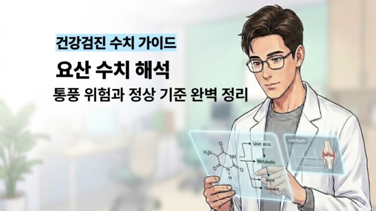 요산 수치 해석, 통풍 정상 범위, 고요산혈증 기준, 퓨린 제한 식단, 남성 요산 정상 수치, 여성 요산 범위, 건강 의학 전문가 캐릭터, 정갈한 웹툰풍 반실사 썸네일, 투명 대사 차트 그래픽, 정보성 블로그 대표 이미지 배경