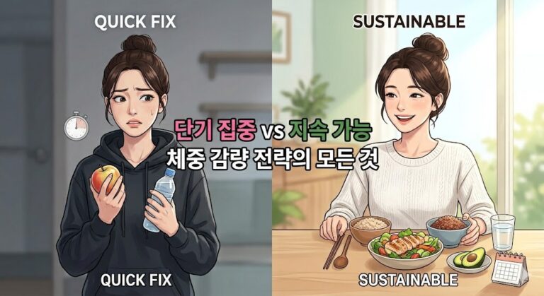 단기 다이어트와 지속 가능한 감량을 좌우 대칭으로 비교하여 내 몸에 맞는 체중 감량 전략의 모든 것을 표현한 일러스트 썸네일 이미지