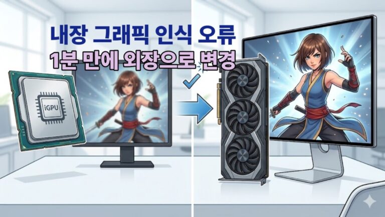 내장 그래픽만 인식되는 흐릿한 화면과 외장 그래픽으로 성능을 100% 복구한 선명한 게임 화면을 대비시킨 썸네일 일러스트