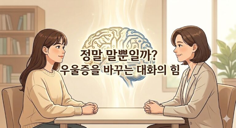우울증 치료를 위해 상담사와 마주 앉아 대화하는 모습 위에 '정말 말뿐일까? 우울증을 바꾸는 대화의 힘' 텍스트가 중앙에 배치된 썸네일 이미지