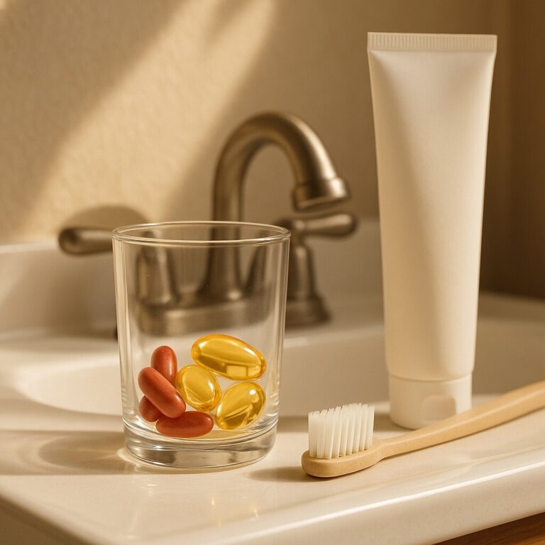 치아 건강 보조제 – CoQ10과 비타민D가 잇몸 회복과 면역을 돕는 장면