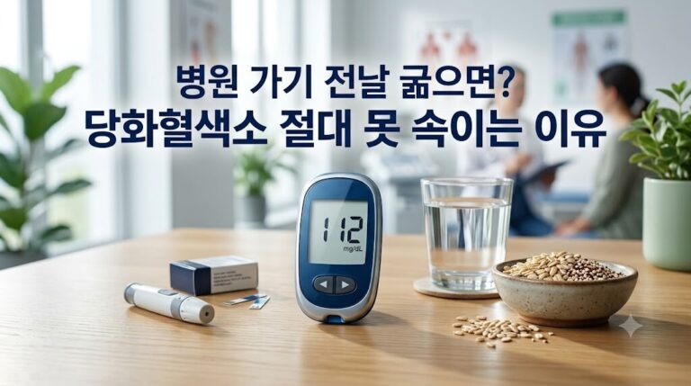 병원 가기 전날 굶으면 당화혈색소 절대 못 속이는 이유 타이틀 텍스트가 들어간 당뇨병 관리 대표 이미지