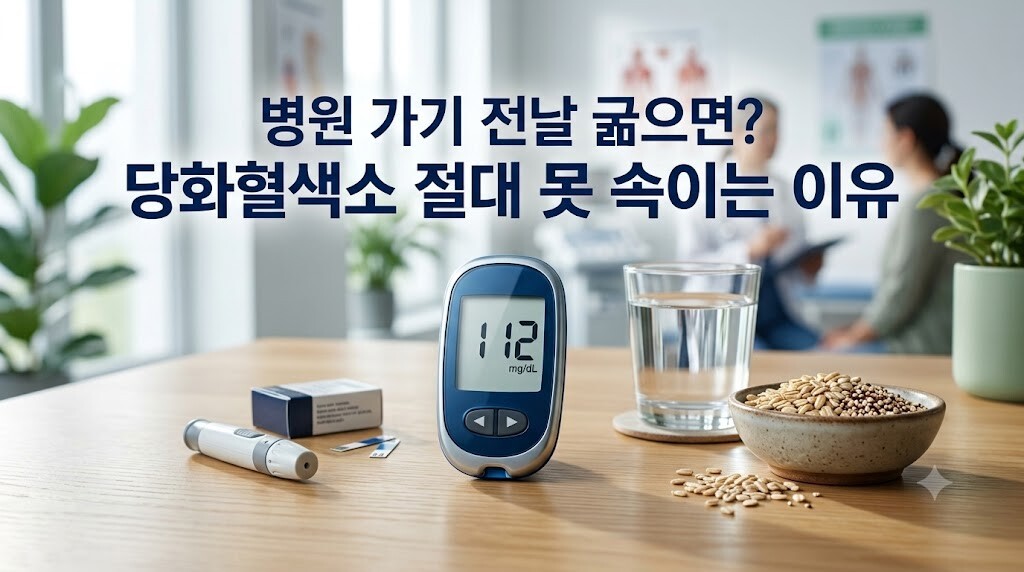 병원 가기 전날 굶으면 당화혈색소 절대 못 속이는 이유 타이틀 텍스트가 들어간 당뇨병 관리 대표 이미지