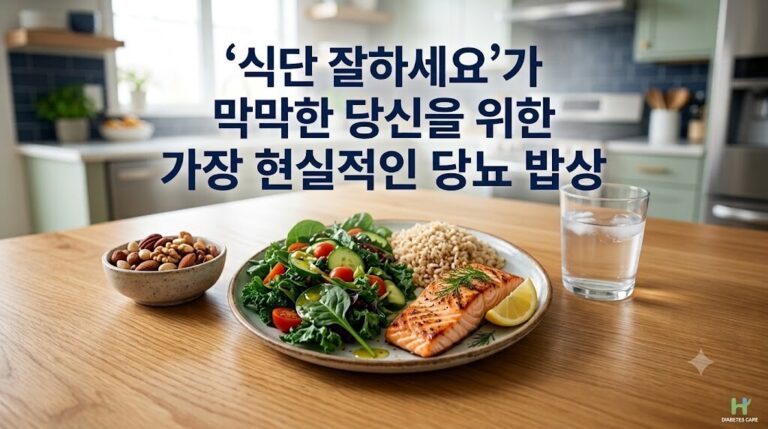신선한 녹색 채소와 연어 구이 및 현미밥으로 구성된 당뇨 식단 플레이트와 견과류 및 물이 정갈하게 놓인 블로그 대표 이미지