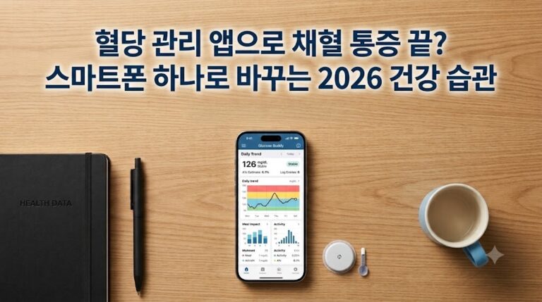 혈당 관리 앱 그래프 화면이 켜진 스마트폰과 연속혈당측정기 센서 기기