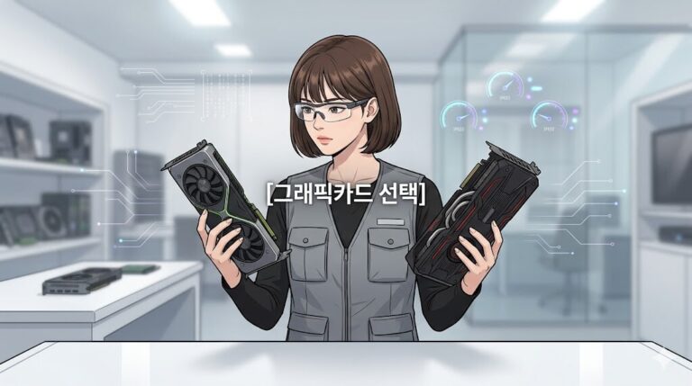 그래픽카드 선택 문구가 정중앙에 배치된 60% 비율 인물의 게임용 vs 전문가용 그래픽카드 비교 일러스트