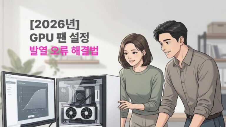 모니터의 팬 커브 조절 화면과 그래픽카드가 장착된 PC 본체를 살펴보며 GPU 팬 설정을 최적화하는 모습