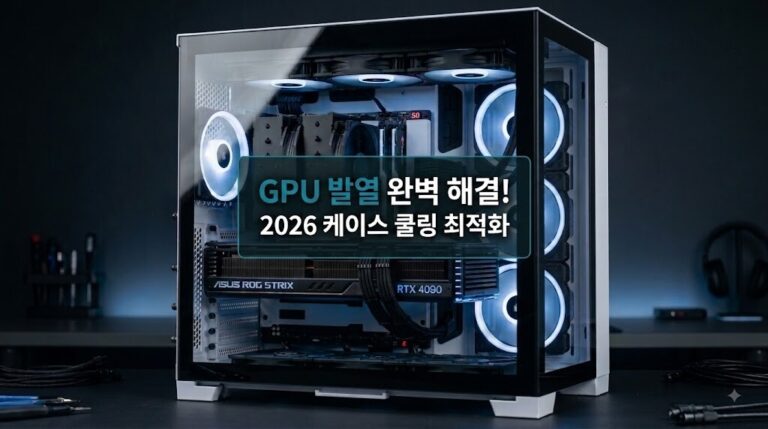 2026년 GPU 온도 관리 및 케이스 쿨링 최적화를 위해 차가운 공기 순환을 돕는 LED 팬과 깔끔한 케이블이 정리된 PC 내부 이미지