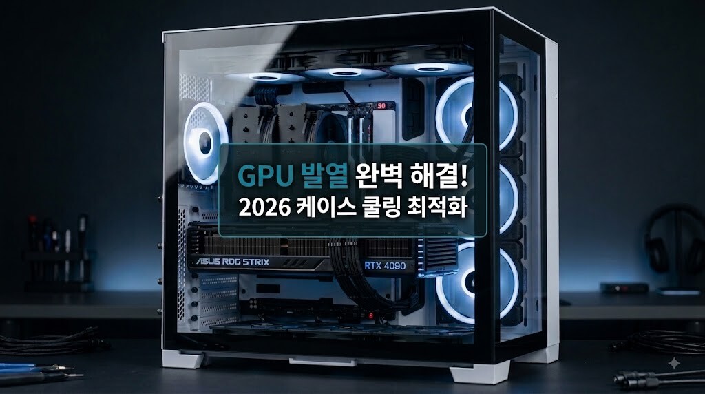 2026년 GPU 온도 관리 및 케이스 쿨링 최적화를 위해 차가운 공기 순환을 돕는 LED 팬과 깔끔한 케이블이 정리된 PC 내부 이미지