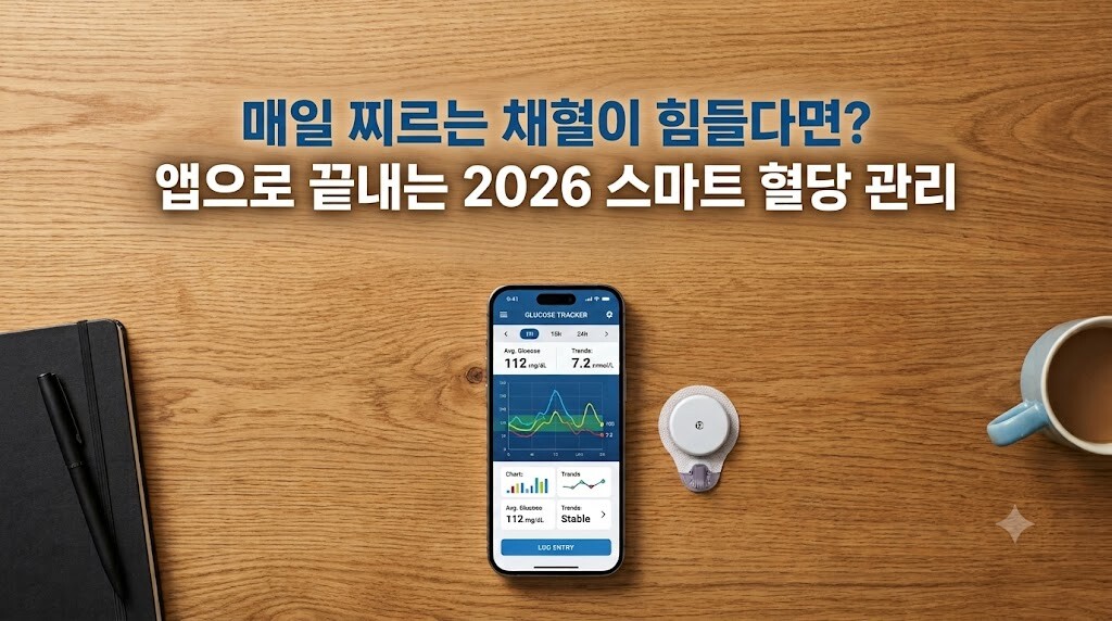 2026년 최신 혈당 관리 앱 화면과 연속혈당측정기 기기가 놓인 책상
