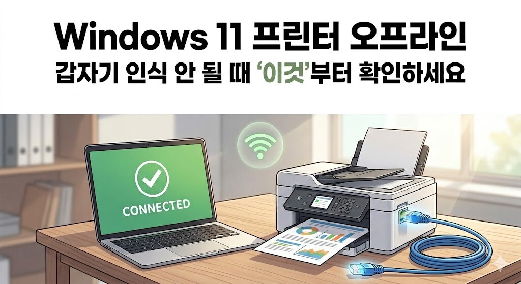 Windows 11 프린터 오프라인 안내 문구 아래로 노트북 화면에 CONNECTED 표시가 뜨고 파란색 랜케이블이 연결된 프린터에서 문서가 출력되는 모습