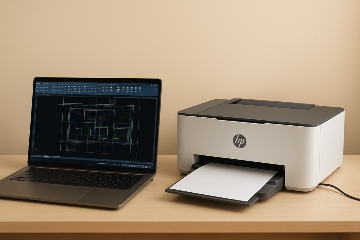 AutoCAD 도면 색을 HP 프린터와 맞추는 컬러 관리 장면을 따뜻한 베이지톤 데스크 위에서 표현한 기술 가이드 이미지