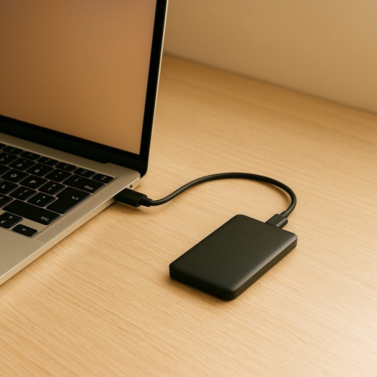 Mac 외장 SSD 인식 오류 해결 장면, MacBook과 연결된 외장 SSD, USB-C 케이블 점검, 전력 부족 문제 해결을 상징하는 이미지