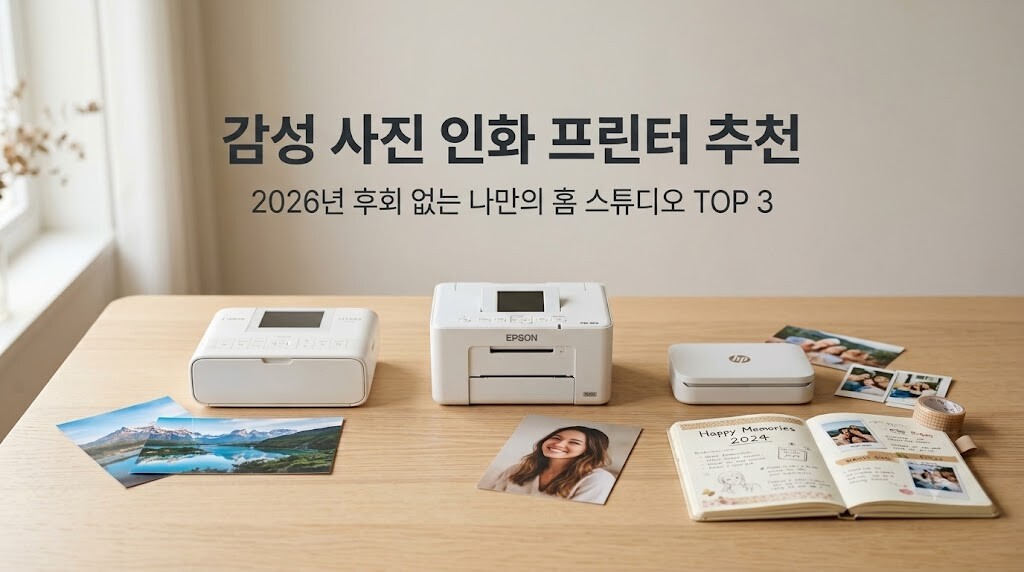 감성 사진 인화 프린터 추천 포스팅을 위해 캐논, 엡손, HP 포토프린터가 나란히 놓인 따뜻한 원목 데스크 배경에 "2026년 후회 없는 나만의 홈 스튜디오 TOP 3" 타이틀 텍스트가 삽입된 대표 썸네일 이미지