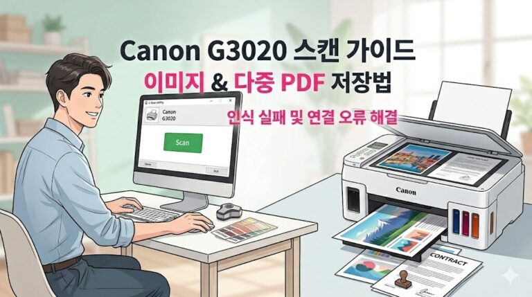 'Canon G3020 스캔 프로그램 설치'를 중심으로 이미지 및 다중 PDF 저장법, 인식 실패 및 연결 오류 해결 단계를 인포그래픽 형태로 알기 쉽게 설명하는 캐논 복합기 블로그 본문용 웹툰 일러스트 이미지.