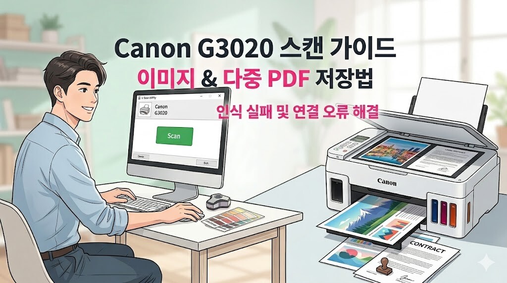 'Canon G3020 스캔 프로그램 설치'를 중심으로 이미지 및 다중 PDF 저장법, 인식 실패 및 연결 오류 해결 단계를 인포그래픽 형태로 알기 쉽게 설명하는 캐논 복합기 블로그 본문용 웹툰 일러스트 이미지.