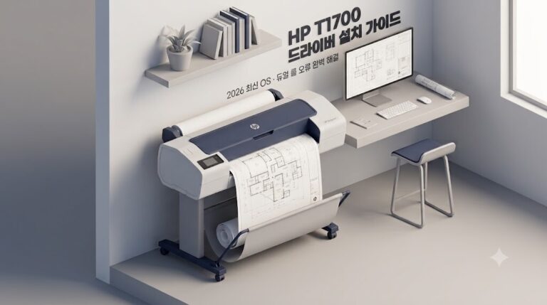 HP DesignJet T1700 듀얼 롤 PostScript 드라이버 설치 가이드 및 인쇄 오류 해결법 3D 아이소메트릭 대표 이미지