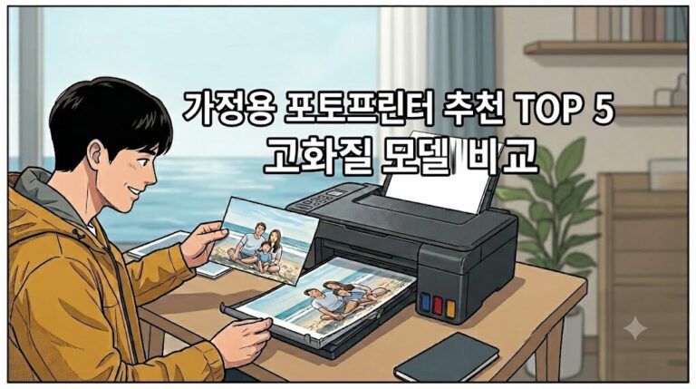 한 남성이 프린터로 가족사진을 출력하는 모습 중앙에 '사진 출력용 프린터 추천 TOP 5 고화질 모델 비교'라는 타이틀 문구가 들어간 블로그 썸네일 이미지.