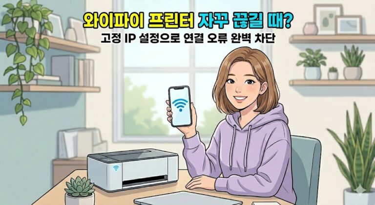 안정적인 Wi-Fi 프린터 연결 신호가 뜬 스마트폰을 들고 미소 짓는 여성과 무선 프린터