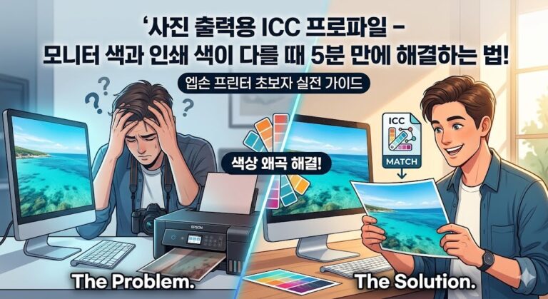 사진 출력용 ICC 프로파일 적용 전 색상 왜곡에 실망한 모습과, 적용 후 모니터 화면과 똑같이 출력된 사진을 들고 기뻐하는 남성을 대비하여 보여주는 일러스트