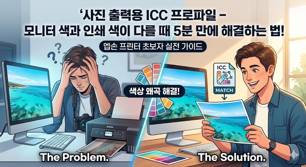 사진 출력용 ICC 프로파일 적용 전 색상 왜곡에 실망한 모습과, 적용 후 모니터 화면과 똑같이 출력된 사진을 들고 기뻐하는 남성을 대비하여 보여주는 일러스트
