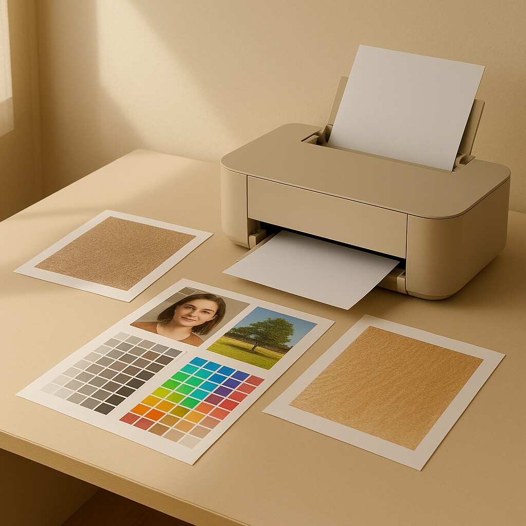 컬러 출력 테스트 이미지를 프린터 옆에서 확인하는 따뜻한 베이지 톤 작업 공간