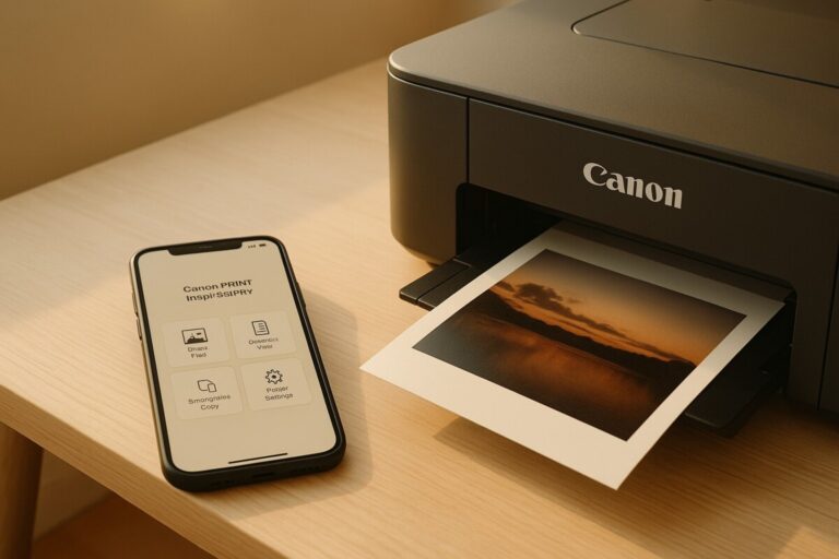 Canon 모바일 프린터 앱으로 스마트폰에서 문서와 사진을 인쇄하고 스캔하는 장면