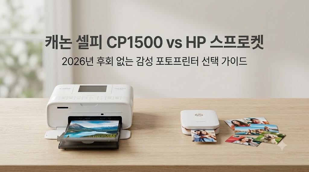 캐논 셀피 CP1500 HP 스프로켓 비교 분석을 위해 테이블 위에 나란히 놓인 두 포토프린터의 디자인과 인화물 크기 차이 실사 대표 이미지