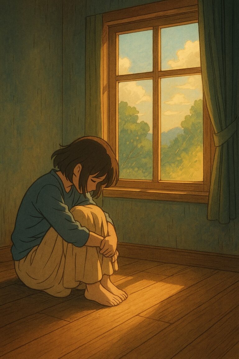방 안에 앉아 무릎을 끌어안고 있는 인물에게 창문 밖 따뜻한 햇살이 들어오며 회복과 희망을 상징하는 장면