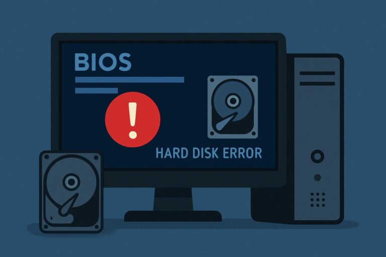 BIOS 화면에 빨간색 느낌표와 하드디스크 아이콘이 함께 표시된 오류 장면을 묘사한 일러스트로, 하드디스크 인식 오류와 부팅 문제를 직관적으로 표현한 이미지