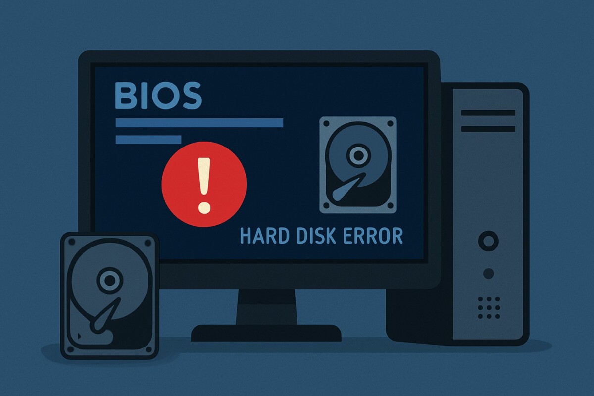 BIOS 화면에 빨간색 느낌표와 하드디스크 아이콘이 함께 표시된 오류 장면을 묘사한 일러스트로, 하드디스크 인식 오류와 부팅 문제를 직관적으로 표현한 이미지
