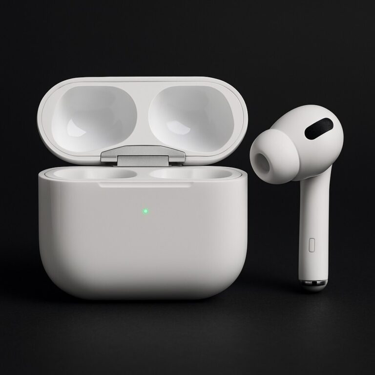Apple AirPods Pro와 충전 케이스가 미니멀한 배경 위에 놓여 있는 고해상도 제품 사진, AirPods Pro 노이즈 캔슬링 팁을 위한 대표 이미지