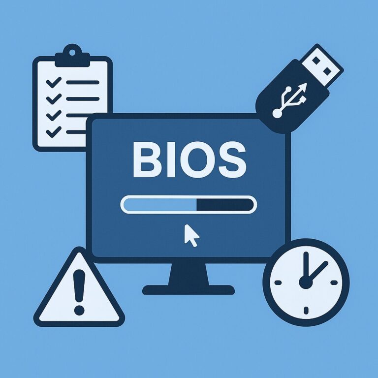 컴퓨터 화면에 BIOS 업데이트 진행 바와 함께 USB, 경고 아이콘, 체크리스트, 시계 아이콘이 배치된 일러스트 – BIOS 업데이트 방법과 주의사항을 상징
