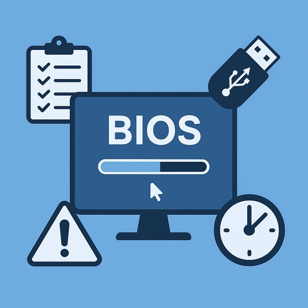컴퓨터 화면에 BIOS 업데이트 진행 바와 함께 USB, 경고 아이콘, 체크리스트, 시계 아이콘이 배치된 일러스트 – BIOS 업데이트 방법과 주의사항을 상징