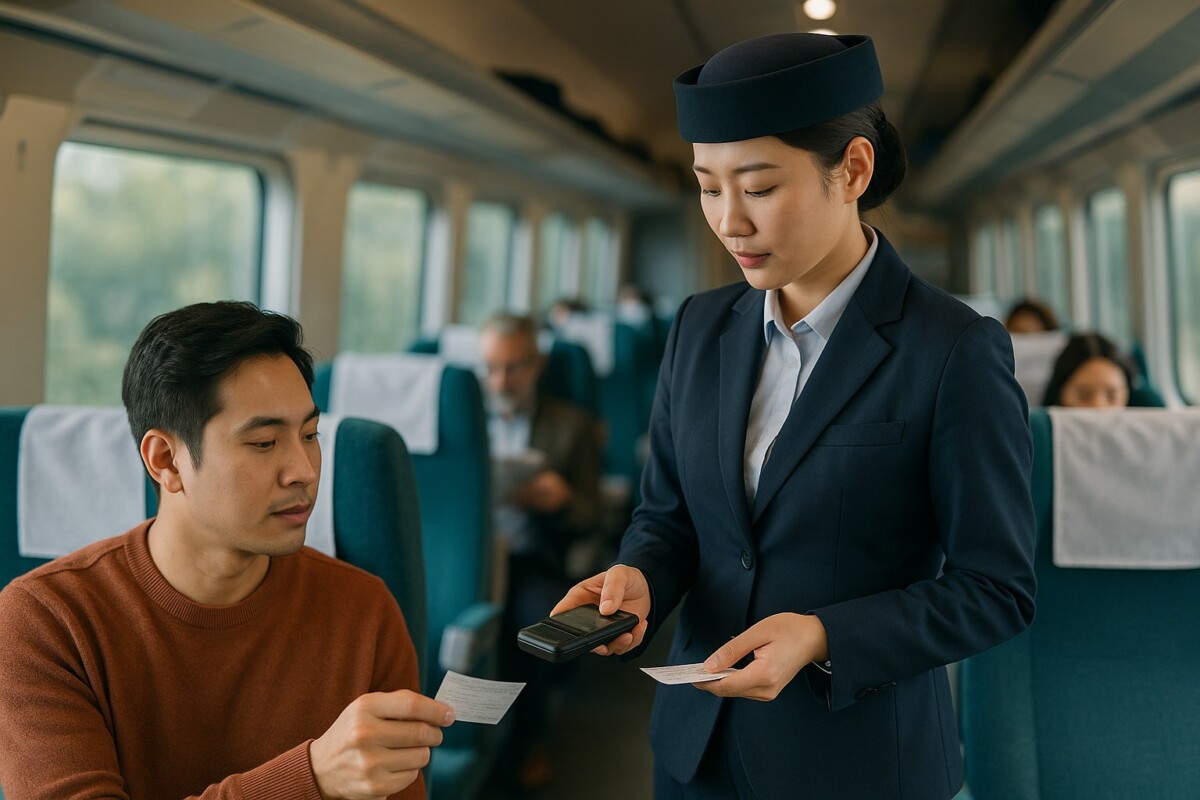 KTX 객실에서 승무원이 승객의 기차표를 확인하는 모습, 무임승차 단속 상황을 사실적으로 표현한 이미지.