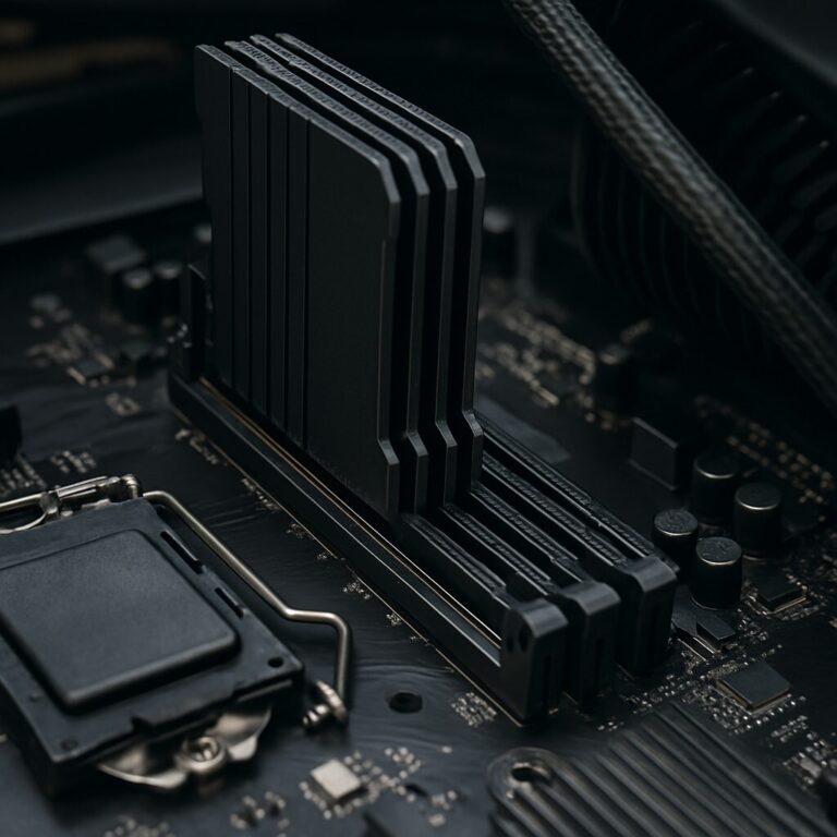 RAM 불량 증상 확인 가이드 대표 이미지, 메인보드 슬롯에 꽂힌 검은색 메모리 모듈 클로즈업 사진, 컴퓨터 메모리 고장 및 교체 방법 안내