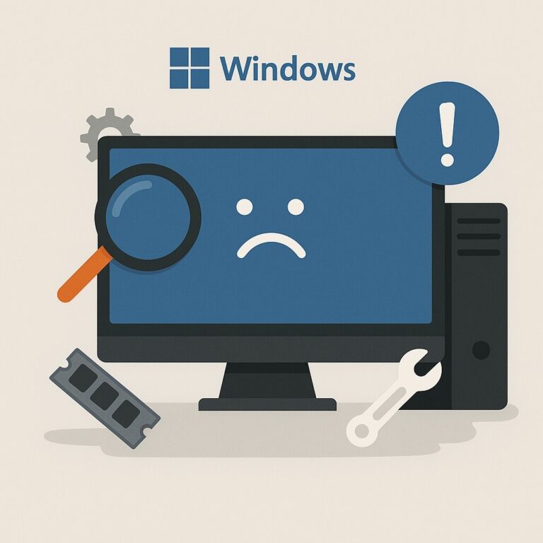 파란 화면 블루스크린 오류가 표시된 Windows 11 컴퓨터와 RAM, 렌치, 톱니바퀴, 경고 아이콘이 함께 있는 일러스트
