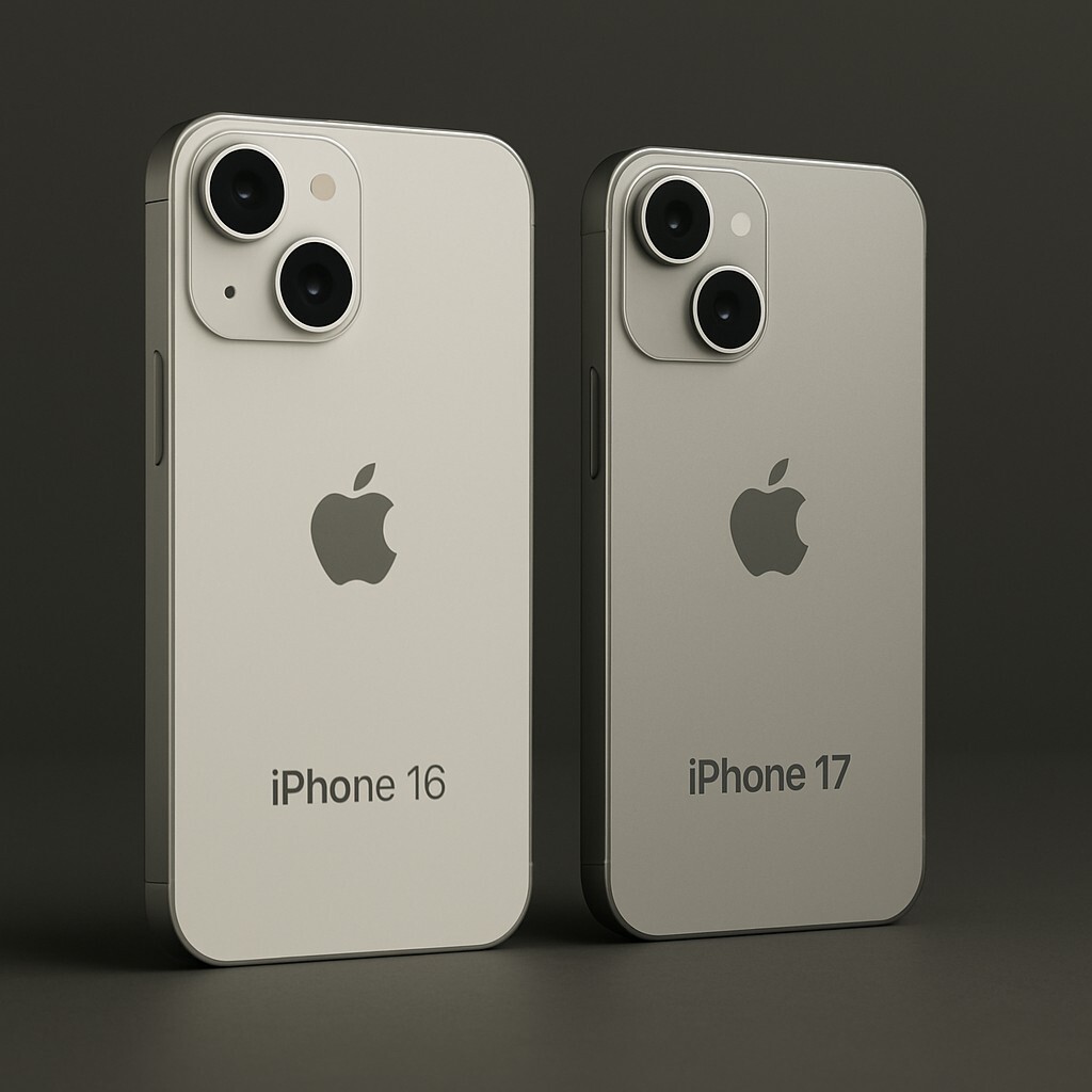 iPhone 16과 iPhone 17이 나란히 놓인 세련된 제품 사진, 애플 감성의 미니멀한 비교 컷