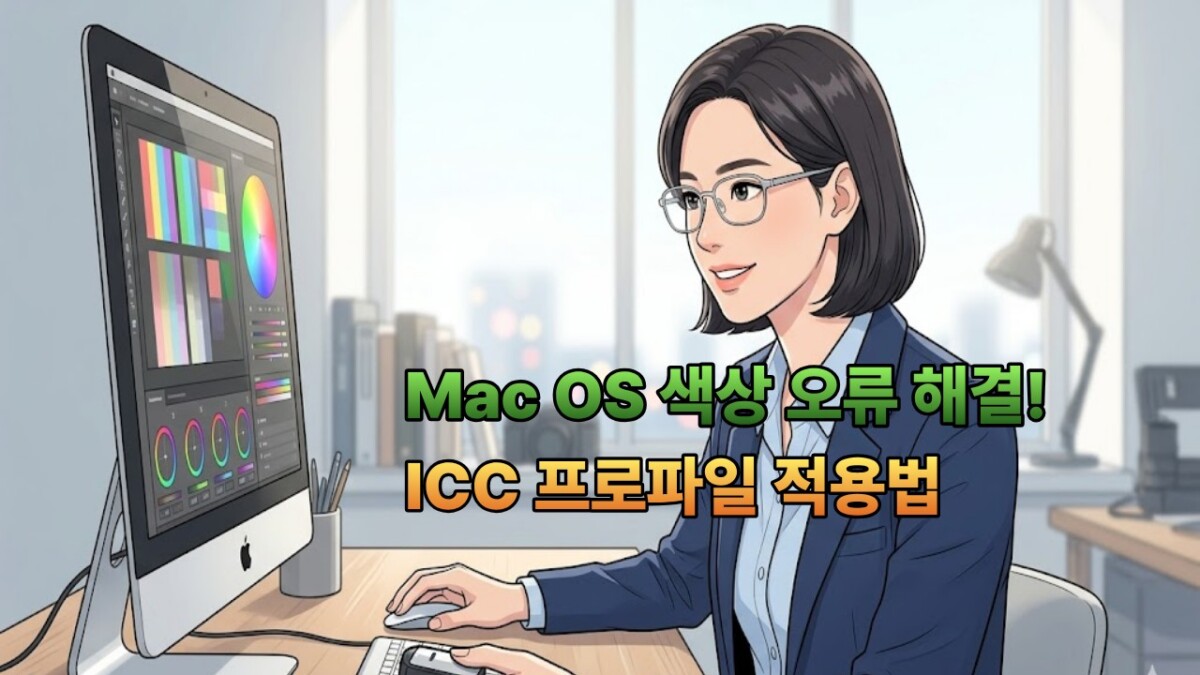 Mac OS ICC 프로파일 적용 설정을 위해 모니터의 색상 값을 세밀하게 확인하며 교정 작업 중인 여성
