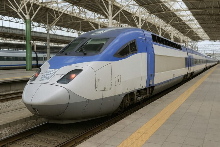 KTX·SRT 할인 꿀팁을 표현한 현대식 고속열차 모습, 교통비 절약을 상징하는 이미지
