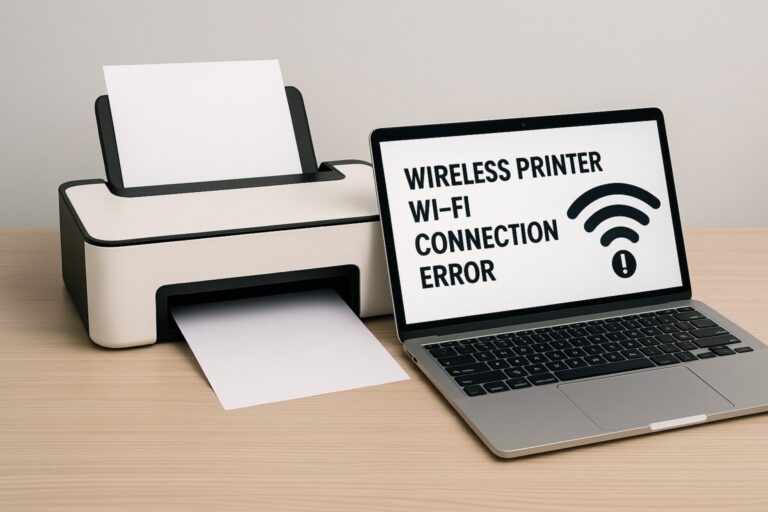 무선 프린터 Wi-Fi 연결을 시도하는 현대식 프린터와 노트북 – 연결 오류 해결을 상징하는 대표 이미지
