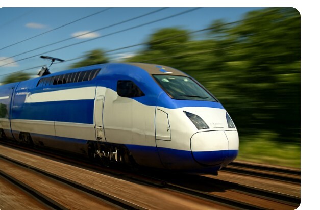 KTX 고속열차가 빠르게 달리는 모습, 추석 반값 기차 코레일 특별 할인 분위기를 상징적으로 표현한 사실적 장면