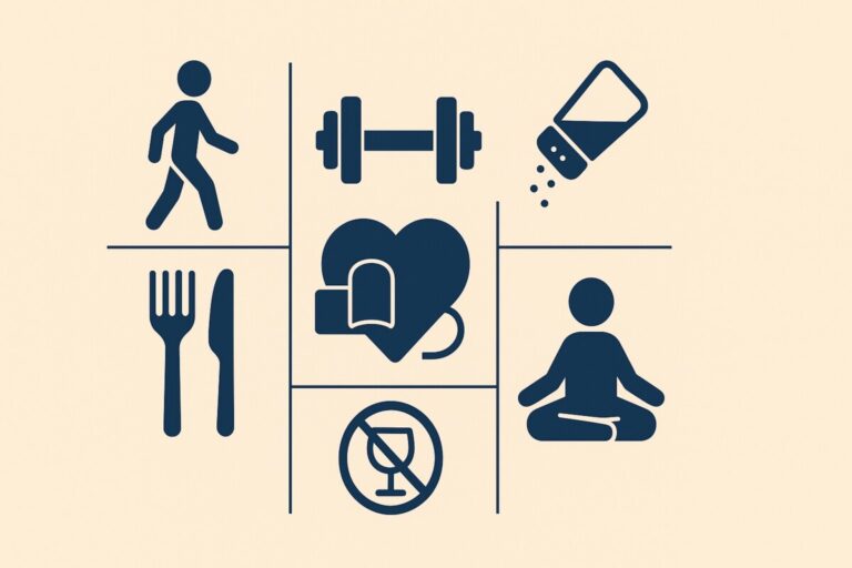 걷기, 근력운동, 식단, 저염, 절주, 명상으로 구성된 하루 10분 혈압 루틴표