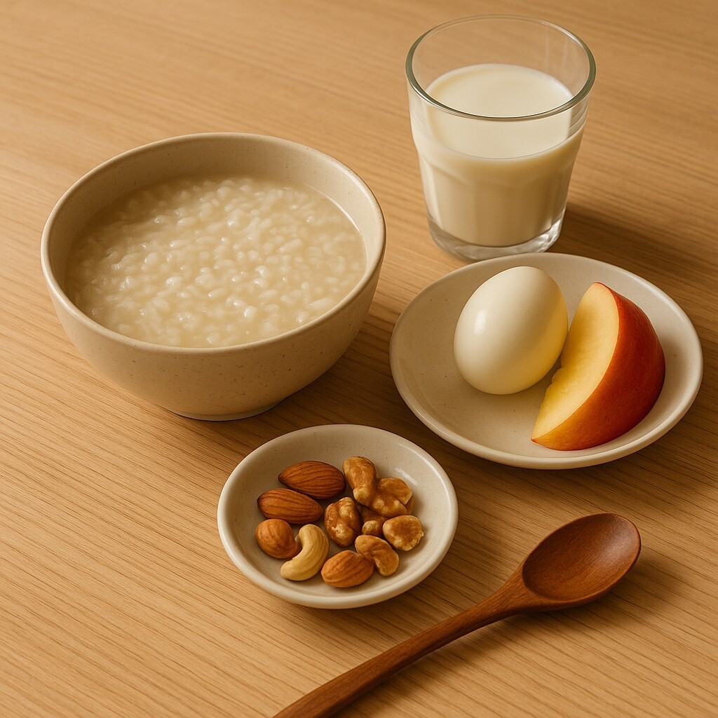 수능 아침 식사, 현미죽·삶은 달걀·사과·국으로 구성된 따뜻하고 균형 잡힌 수험생 아침 메뉴 (2025 최신 버전)