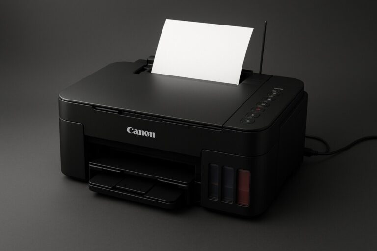 Canon PIXMA G4210 무선 복합기가 책상 위에 놓여 있으며, Windows와 macOS에서 드라이버 설치를 마친 뒤 인쇄 준비가 완료된 모습