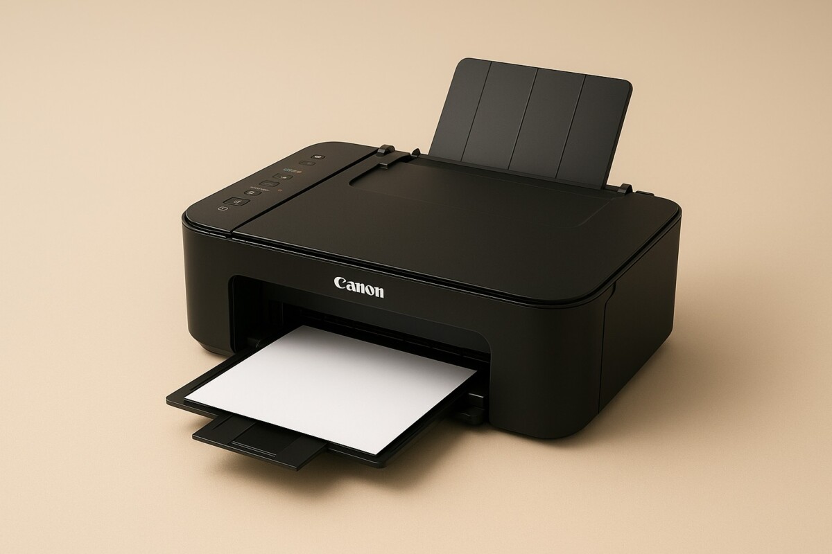 Canon PIXMA TS3322 드라이버 설치 가이드, 최신 버전 프린터 본체와 출력 트레이가 놓인 미니멀한 베이지톤 배경 이미지