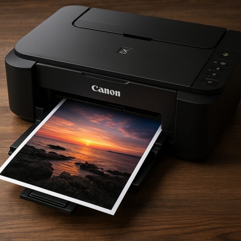 Canon PIXMA 사진 출력 품질 개선 – 선명한 인화 사진이 나오는 프린터, 고급스러운 작업 공간과 자연광 분위기, 고품질 인쇄 장면