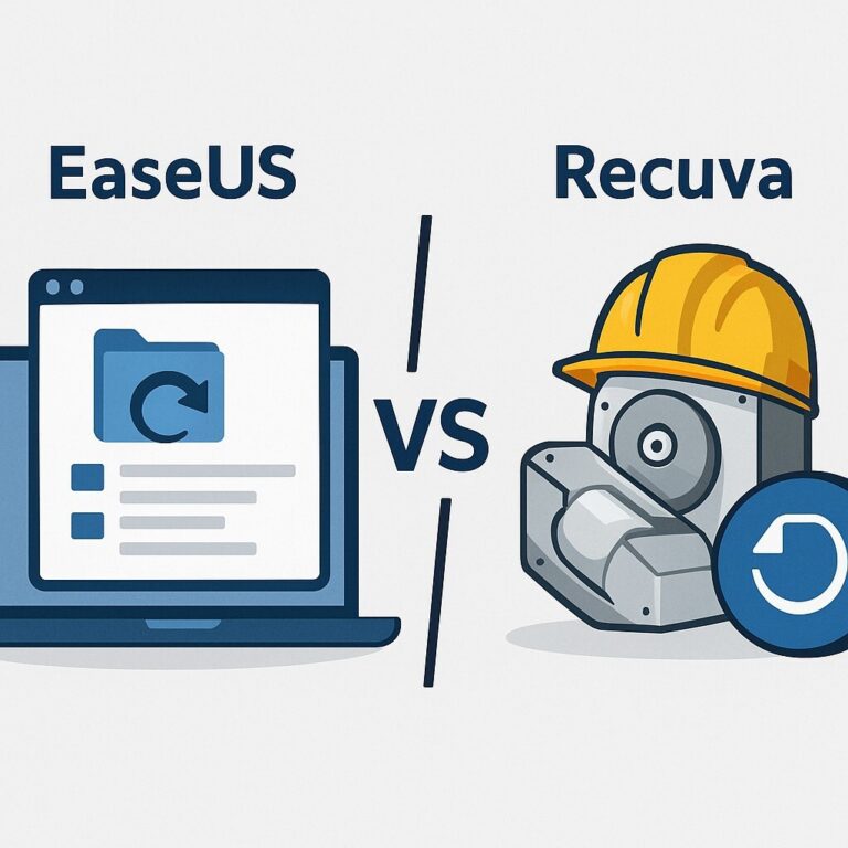 EaseUS vs Recuva 비교, 데이터 복구 프로그램의 성능과 인터페이스를 상징적으로 표현한 세련된 일러스트