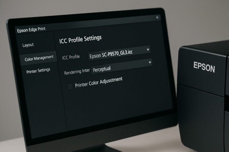 Epson Edge Print에서 ICC 프로파일 설정 화면을 보여주는 모니터와 Epson 프린터, 컬러 매칭과 프린터 색상 관리 과정을 표현한 장면