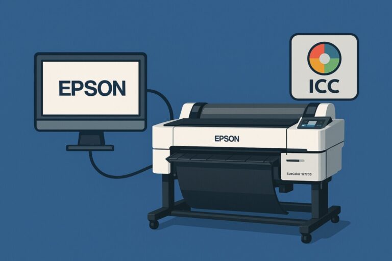 Epson Edge Print RIP 프로그램이 Epson SureColor T7770D 프린터와 연결되어 ICC 프로파일을 적용하는 과정